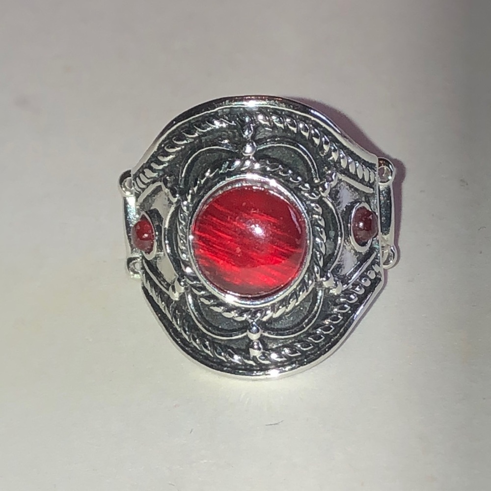 Red Faux Stone Silver Tone Filigree Boho Ring